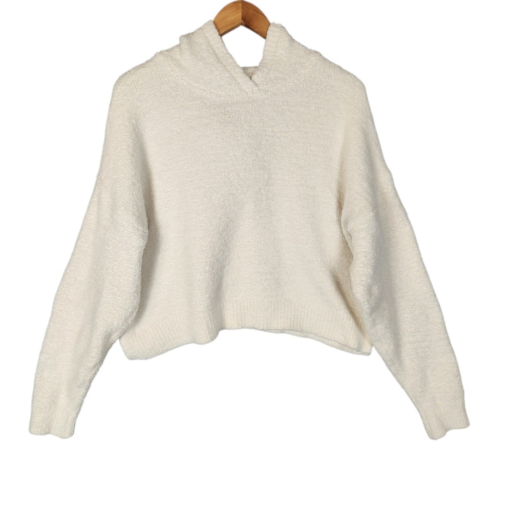 Aerie Hoodie Size M Cream Cropped Chenille Knit Teddy Sherpa Fleece
